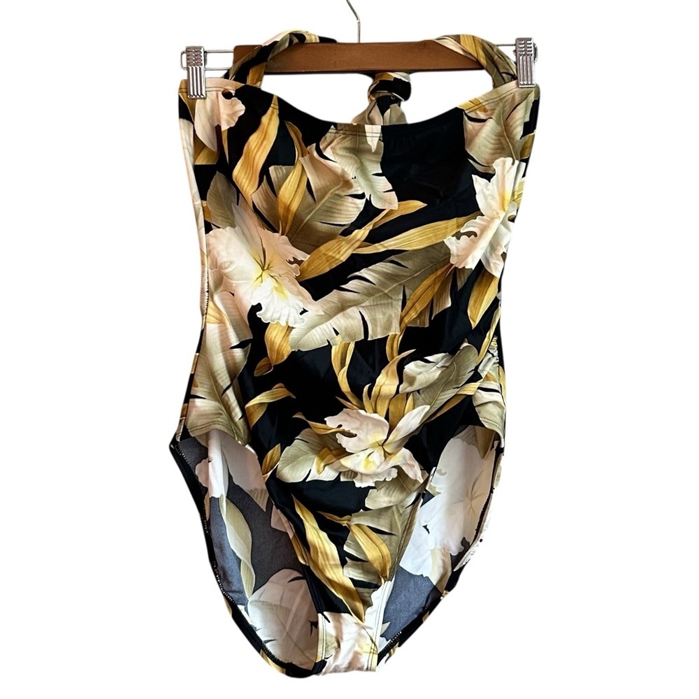 NEW SESSA MODEST‎ CUT HALTER NECK ONE PIECE SWIMSUIT SZ 16 BLACK FLORAL